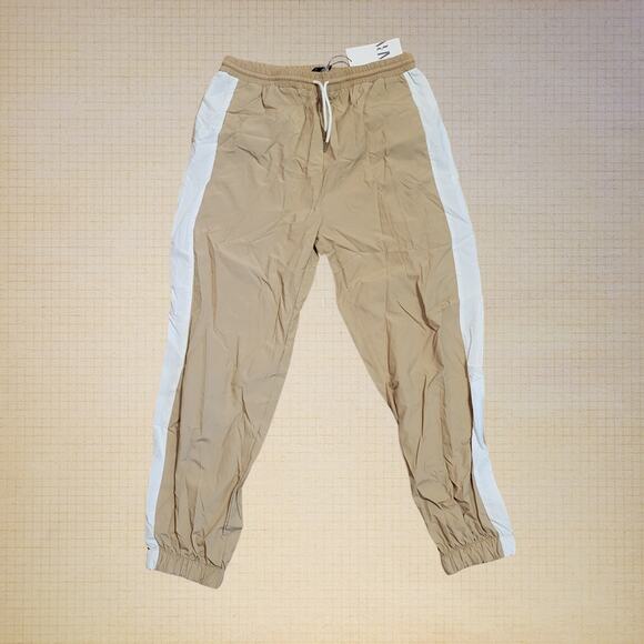 NWT Zara Windbreaker Jogger Pants Contrast Side Seam White Tan Womens Large - Picture 1 of 8
